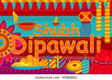 vector illustration of festival background kitsch art India with message meaning Happy Dipawali
