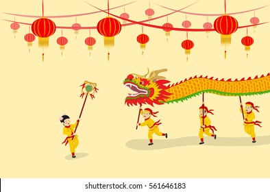 Vector Illustration: Festival Chinese New Year Dragon Dancing show and decorated with Chinese lanterns. 