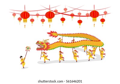 Vector Illustration: Festival Chinese New Year Dragon Dancing show and decorated with Chinese lanterns isolated on white background. 