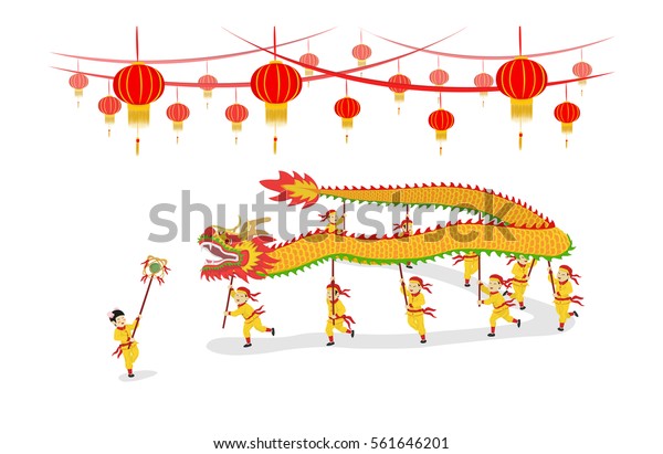 Vector Illustration: Festival Chinese New Year Dragon\
Dancing show and decorated with Chinese lanterns isolated on white\
background. 