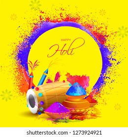 Vector illustration of festival elements such as dhol, color pots and guns on yellow background, holi celebration template design.