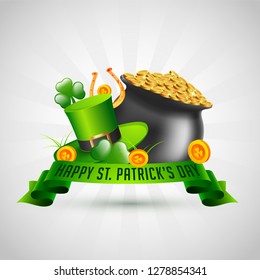 Vector illustration of festival elements such as coin pot, leprechaun hat and clove leaf on ray background for Happy St. Patrick's Day celebration.