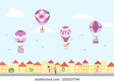 Vector illustration of festival landscape with hot air balloons in blue sky in town. Isolated flat cartoon air balloons, houses, trees, street, people. Hand drawn for print, card