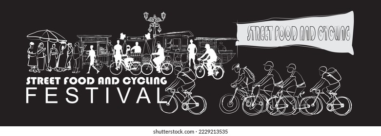 Vector illustration of Festival of street vendors and cyclists on a busy pedestrian street. Tasty meatballs = delicious meatballs, Chicken satay = chicken satay, Dawet ayu = Central Javanese tradition svg
