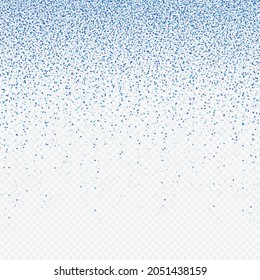Vector illustration of festive backdrop. Falling shiny particles isolated on dark transparent background. Blue confetti glitters. Sparkling texture. Birthday, holiday decorative element for Design.