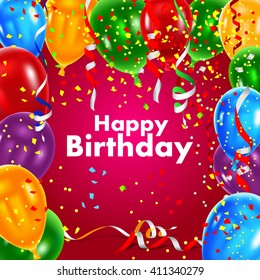 Vector illustration festive background with balloons and confetti, birthday