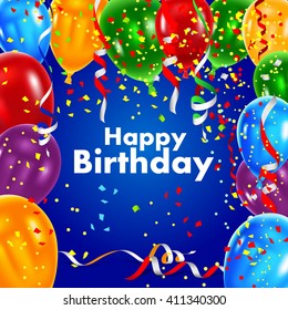 Vector illustration festive background with balloons and confetti, birthday