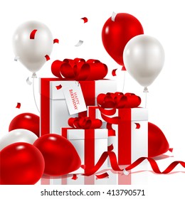 Vector illustration festive background birthday with gifts and balloons with confetti