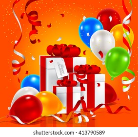 Vector illustration festive background birthday with gifts and balloons with confetti