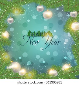 Vector illustration Festive background with branches of Christmas tree and Christmas decorations in the snow.