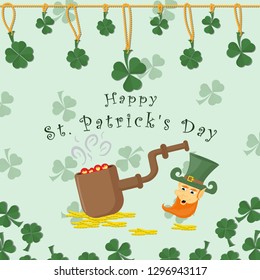 vector illustration of festive background cover, for St. Patricks day holiday, clover leaves on chain, Smoking pipe with leprechaun head on gold coins, greeting inscription