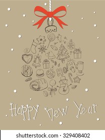 Vector illustration with a festive ball filled with doodles about Christmas holiday.
