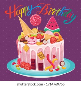 
Vector illustration of festive birthday cake with different sweets