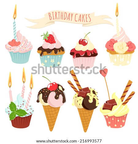 Vector Illustration Festive Birthday Cakes Icecream Stock Vector