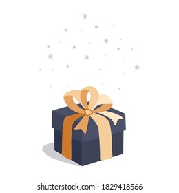 Vector illustration. The festive box is tied with a yellow ribbon and bow. Snowflakes falling from above.