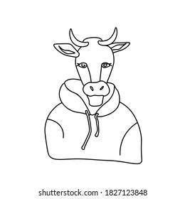 Vector illustration of a festive bull in doodle style.May picture of a bull symbol of the year 2021.Cow with black hand drawn line.Design for printing,calendar,coloring,cards,poster.
