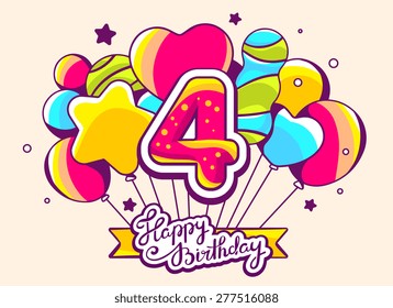 Vector illustration of festive bunch of colorful striped balloons with ribbon with number four on light background. Hand drawn line art design for web, site, advertising, poster, board and print.  