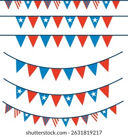 Ilustración vectorial de banderas de bunting festivas en rojo, blanco y azul. Perfecto para celebraciones patrióticas con un estilo limpio y geométrico