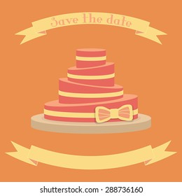 Vector illustration of a festive cake with ribbons and bow on sienna background, containing text "Save the date" for your design