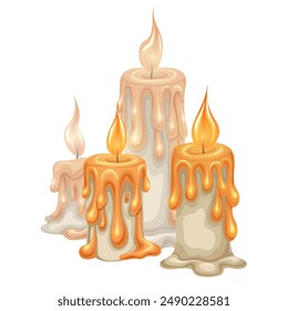 Vector illustration of festive candle composition on white background. Spa and aromatherapy. Religious wax candles. Holiday decorations.
