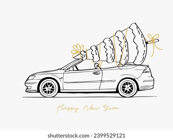 Vector illustration of a festive car transporting a Christmas tree on its roof. Ideal for holiday-themed deliveries and Christmas tree transportation concepts. Printable postcard.