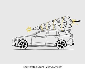 Vektorgrafik eines festlichen Autos, das einen Weihnachtsbaum auf seinem Dach transportiert. Ideal für Festtagslieferungen und Weihnachtsbaumtransporte. Druckbare Postkarte.