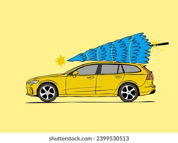 Vector illustration of a festive car transporting a Christmas tree on its roof. Ideal for holiday-themed deliveries and Christmas tree transportation concepts. Printable postcard.