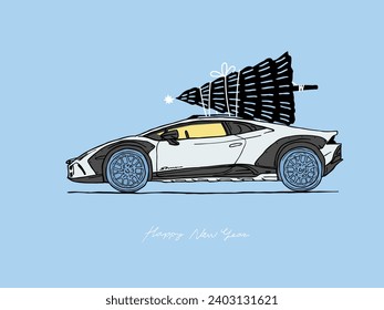 Vector illustration of a festive car transporting a Christmas tree on its roof. Ideal for holiday-themed deliveries and Christmas tree transportation concepts. Printable postcard.