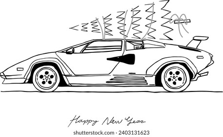 Vector illustration of a festive car transporting a Christmas tree on its roof. Ideal for holiday-themed deliveries and Christmas tree transportation concepts. Printable postcard.