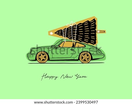Vector illustration of a festive car transporting a Christmas tree on its roof. Ideal for holiday-themed deliveries and Christmas tree transportation concepts. Printable postcard.