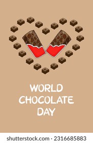 vector illustration festive card for world and international chocolate day - heart made of sweets and chocolate bars