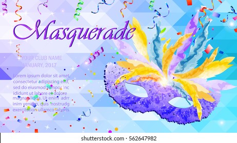 Vector Illustration. Festive Carnival Mask, Masquerade, Mardi Gras. Beautiful concept design for Night Party Poster, Dance  Flyer, Musical  Banner, Carnival Invitation, Greeting card.
