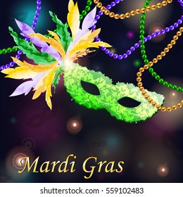 Vector Illustration. Festive Carnival Party Mask with feathers, beads on glittering bright bokeh background. Beautiful concept design template for greeting card, party invitation, banner or flyer.