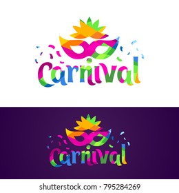 vector illustration. festive carnivals in Brazil and Mardi Gras in Venice. Carnival mask and an inscription with colorful geometric pattern. element for design business cards, invitations, gift cards.