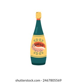 Vector illustration of festive champagne. An open green bottle with a bright yellow label and cap is perfect for celebrations. Flat cartoon style on isolated background.