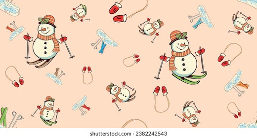 vector illustration festive with characters snowman, mittens, skis, winter seamless pattern