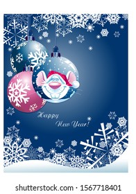In the vector illustration, a festive Christmas background in blue tones, with a rat on a Christmas ball, of the symbol of Chinese 2020 year