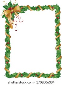 A vector illustration of a festive Christmas holly garland frame with gold ribbon and a bow in the corner