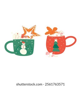 Vector illustration of festive Christmas hot drink cups with decorative patterns, including snowflakes, candy canes, and festive colors. Perfect for holiday designs, invitations, and greeting cards