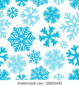 Vector illustration Festive Christmas and New Year seamless snowflakes pattern. Blue and white. Flat style