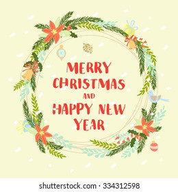Vector illustration Festive Christmas and New Year floral winter wreath with flowers, berries and balls. Flat style