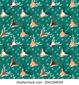 Vector illustration of festive Christmas theme pattern with heads of reindeers and ornaments on green background