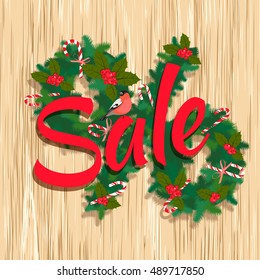 Vector illustration Festive Christmas tree New Year garland with candy, berries, bird, Sale lettering, percent sign, wooden texture background. Shopping promotion banner or poster. Flat style.