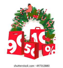 Vector illustration Festive Christmas tree New Year garland with paper bags, round frame border, candy, bird, white background. Shopping promotion banner or poster. Flat style.