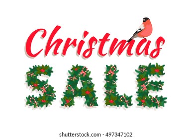 Vector illustration Festive Christmas tree New Year garland , Sale lettering, candy, bird, white background. Shopping promotion banner or poster. Flat style.