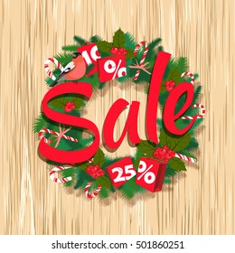 Vector illustration Festive Christmas tree New Year garland with paper bags, Sale lettering, round frame border, wooden texture background. Shopping promotion banner or poster. Flat style.