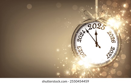 Vector illustration of a festive clock counting down to 2025, surrounded by sparkling gold lights and elegant decor.