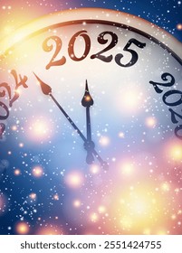 Vector illustration of a festive clock striking midnight for 2025, surrounded by colorful lights, sparkles, and a vibrant background.