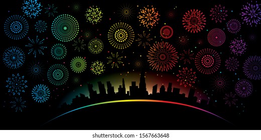 Vector illustration of a festive colorful fireworks display over the city at night scene for holiday and celebration background design.