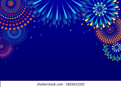 Vector illustration of a festive colorful fireworks display  at night scene for holiday and celebration background design.